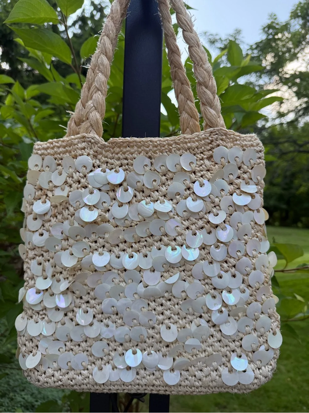 Hand made in Japan vintage walborg  Beige Sequin Straw Tote Bag - Lightweight